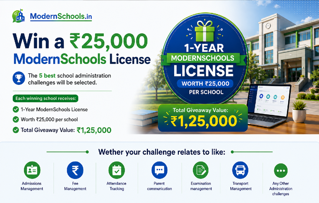 ModernSchools campaign banner: Share your school's administrative challenge and win a free 1-year license — 5 selected schools across India